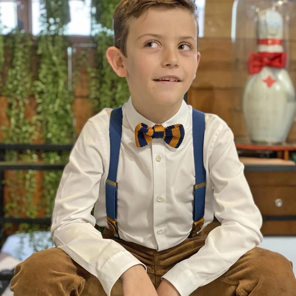 Knitted kids bow tie blue - cognac - 1