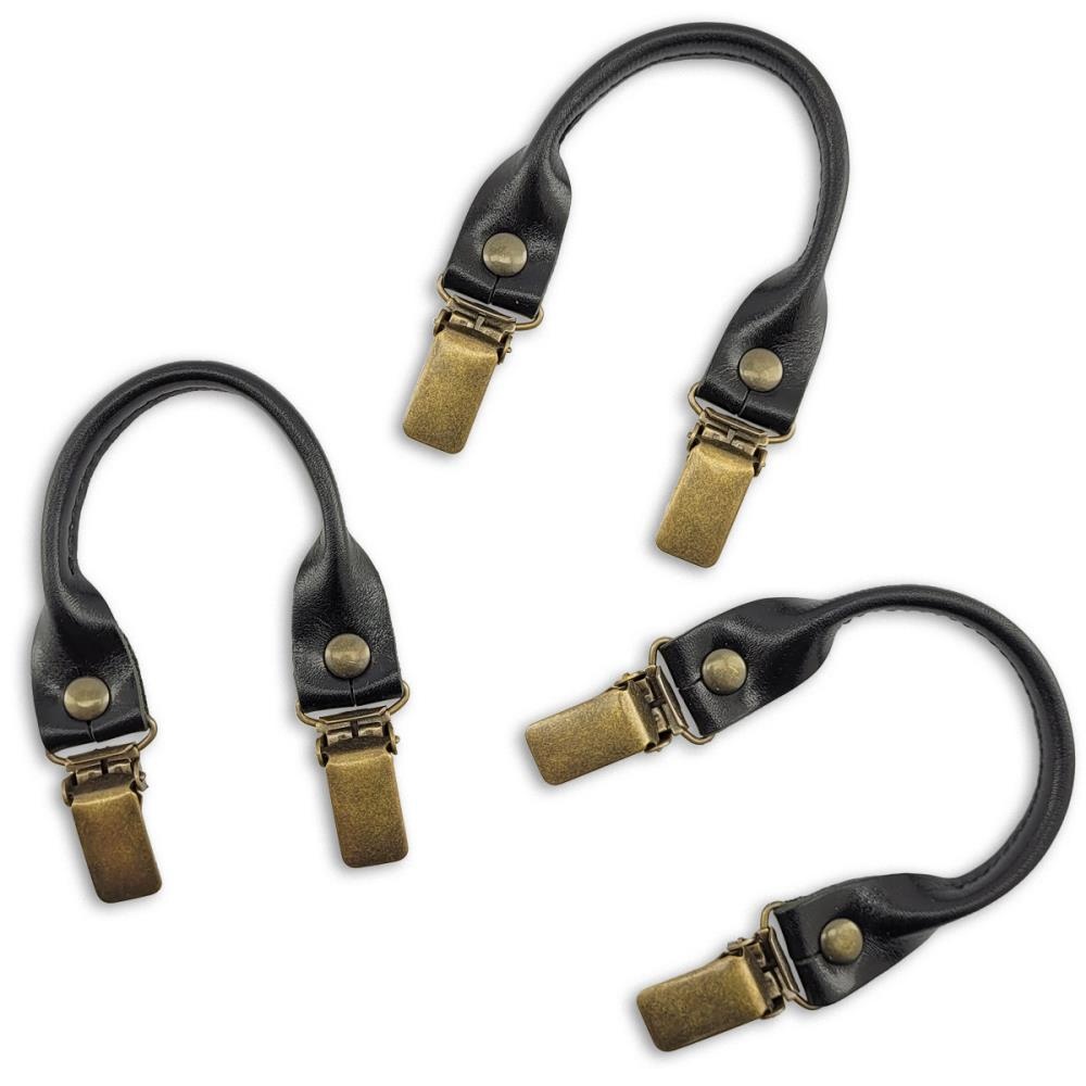 set of suspender loops - black grain leather - with antique brass clips - 1