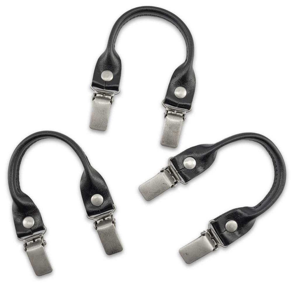 set of suspender loops - black grain leather - with antique silver clips - 1