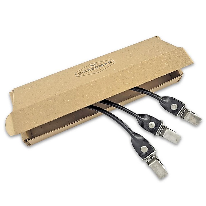 set of suspender loops - black grain leather - with antique silver clips