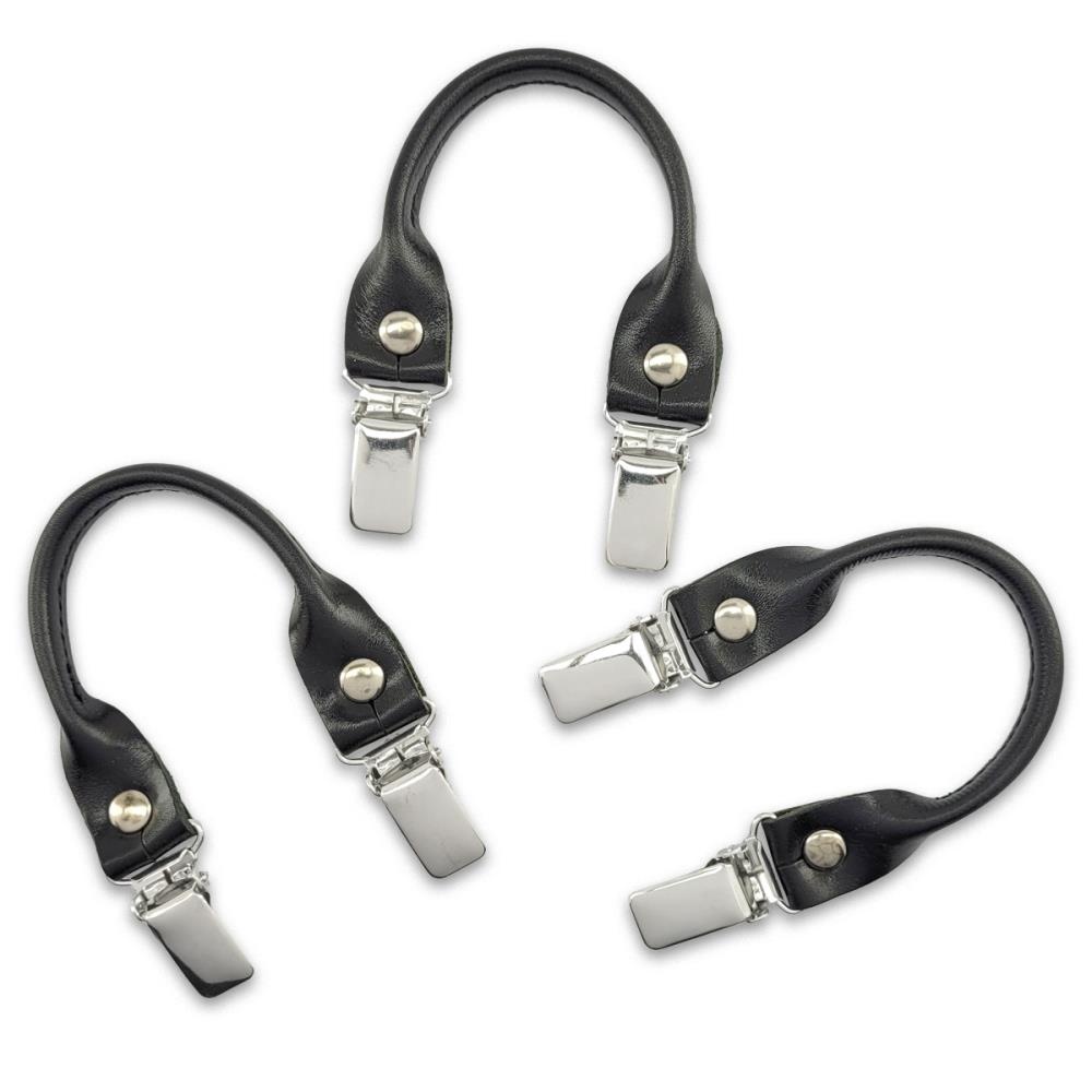 set of suspender loops - black grain leather - with silver clips - 1