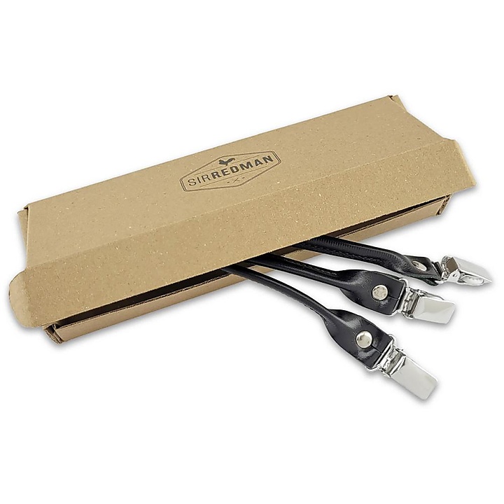 set of suspender loops - black grain leather - with silver clips