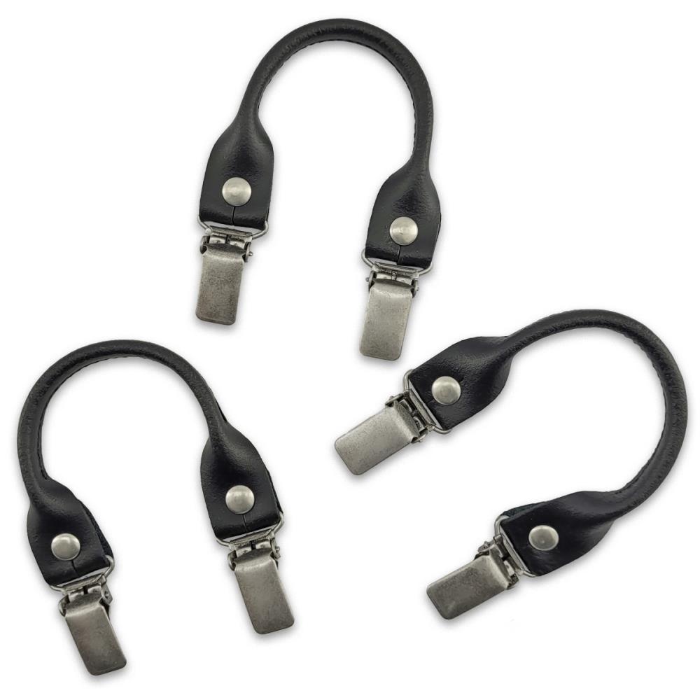 set of suspender loops - black leather - with antique silver clips - 1