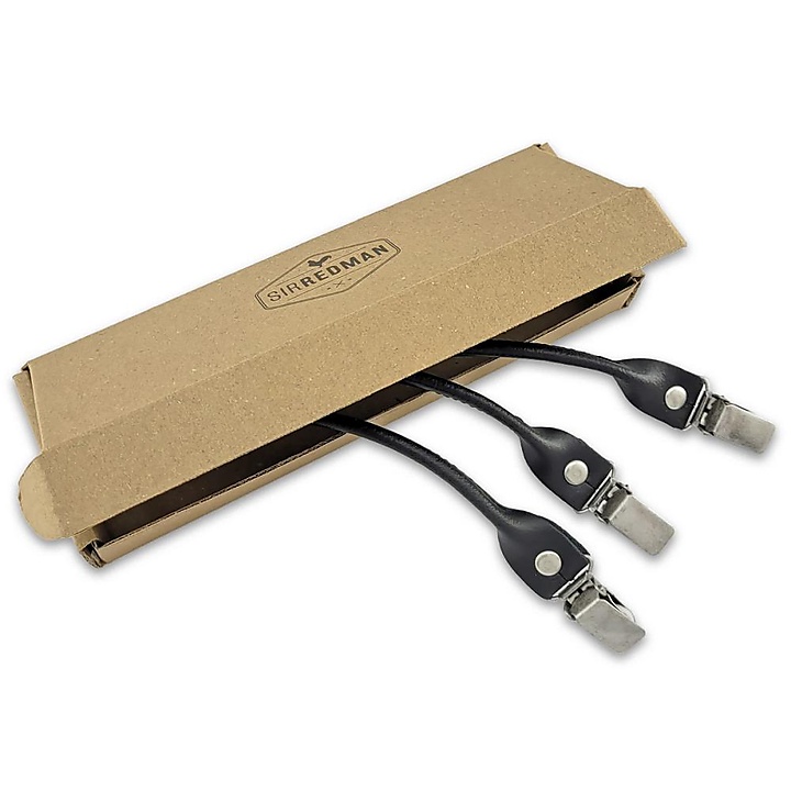 set of suspender loops - black leather - with antique silver clips