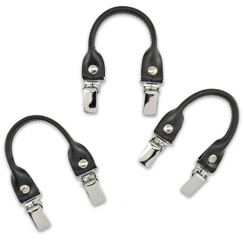 set of suspender loops - black leather - with silver clips - 1
