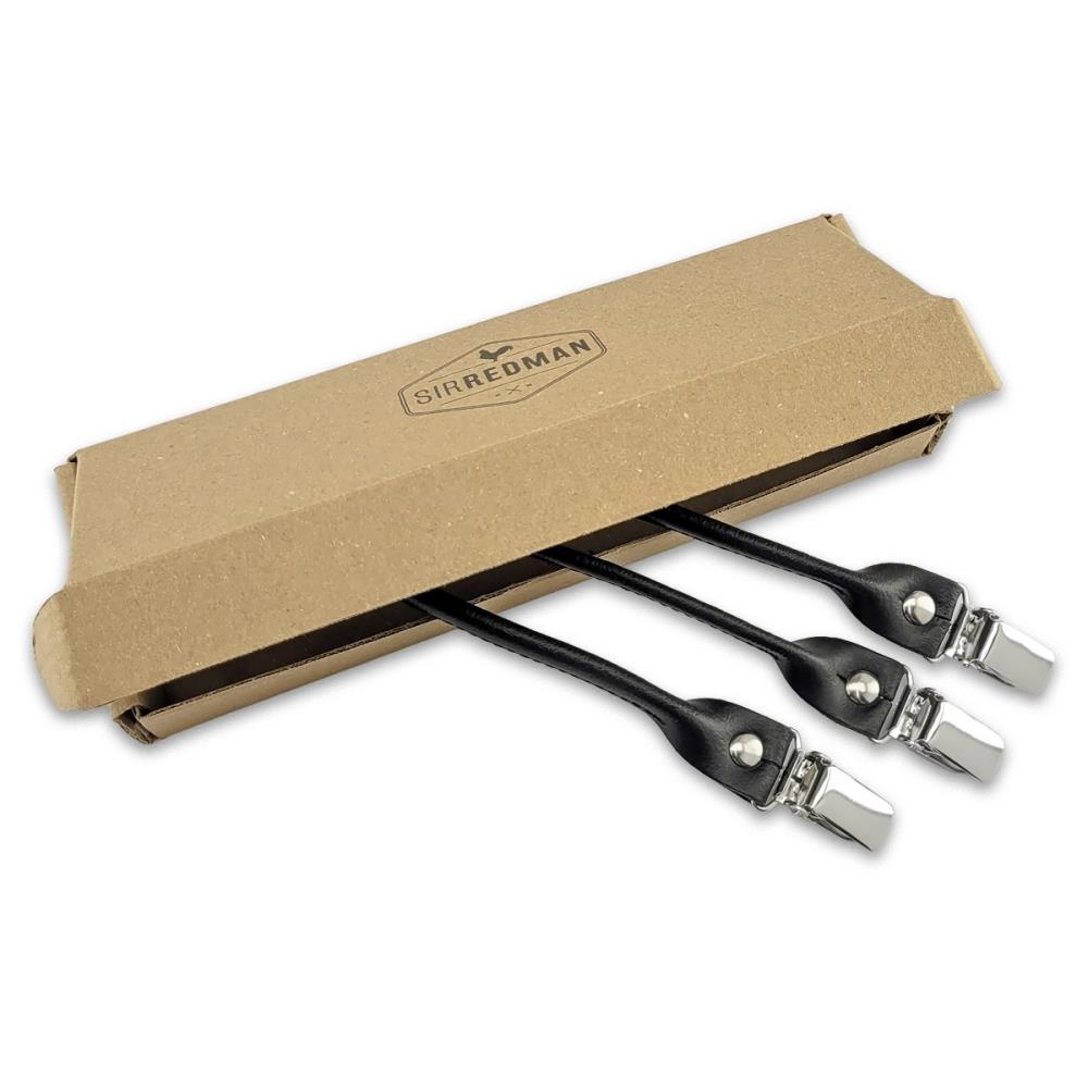 set of suspender loops - black leather - with silver clips - 2