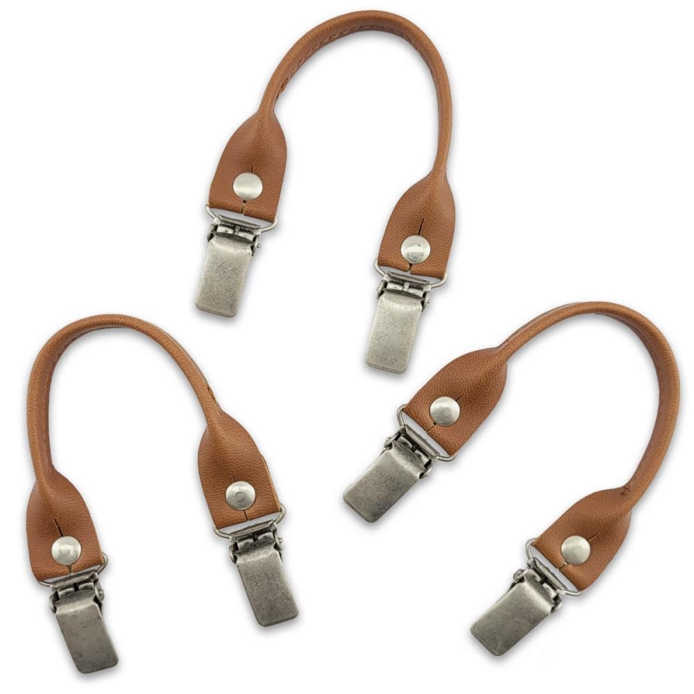 set of suspender loops - brown apple leather - with antique silver clips - 1
