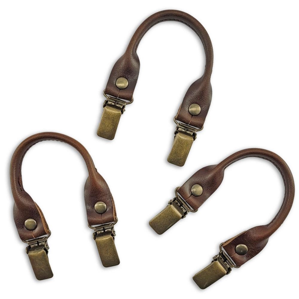 set of suspender loops - brown grain leather - with antique brass clips - 1