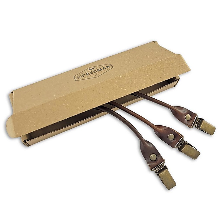 set of suspender loops - brown grain leather - with antique brass clips