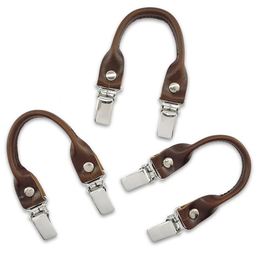 set of suspender loops - brown grain leather - with silver clips - 1