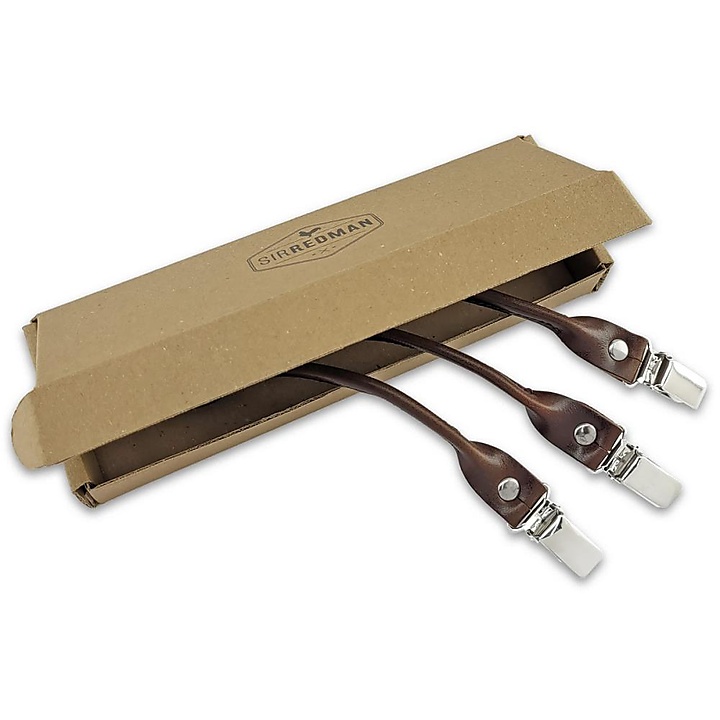 set of suspender loops - brown grain leather - with silver clips