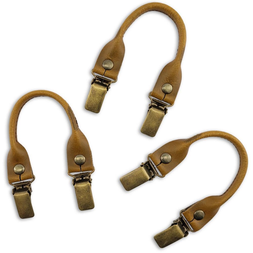 set of suspender loops - brown leather - with antique brass clips - 1