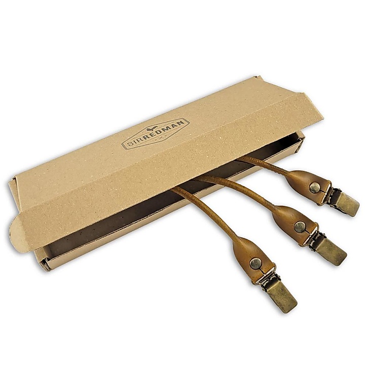 set of suspender loops - brown leather - with antique brass clips
