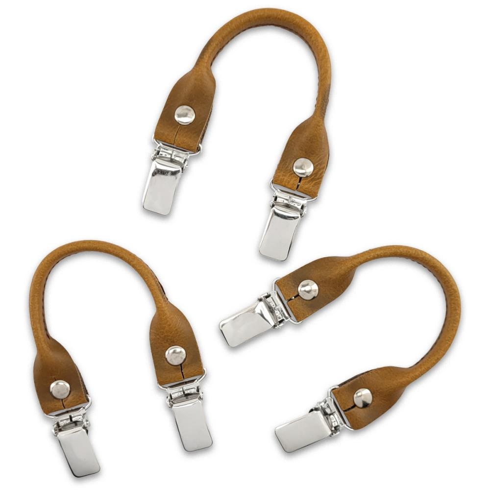 set of suspender loops - brown leather - with silver clips - 1