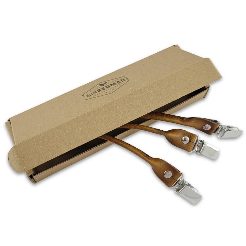 set of suspender loops - brown leather - with silver clips - 2