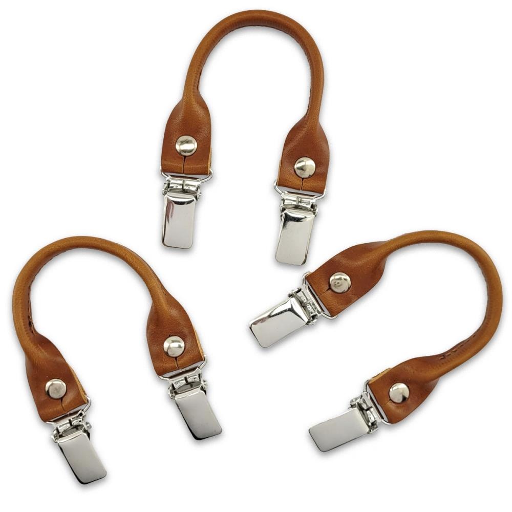 set of suspender loops - cognac grain leather - with silver clips - 1