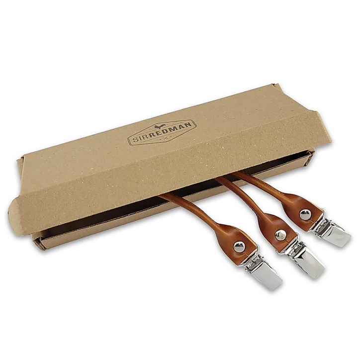 set of suspender loops - cognac grain leather - with silver clips