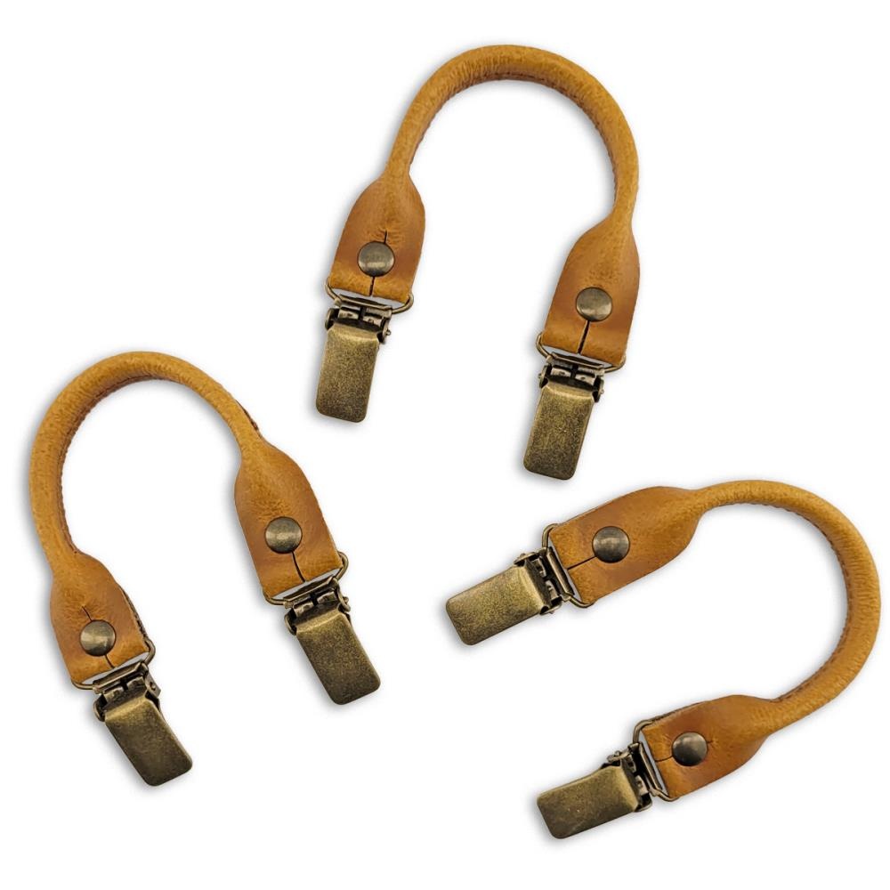 set of suspender loops - cognac leather - with antique brass clips - 1