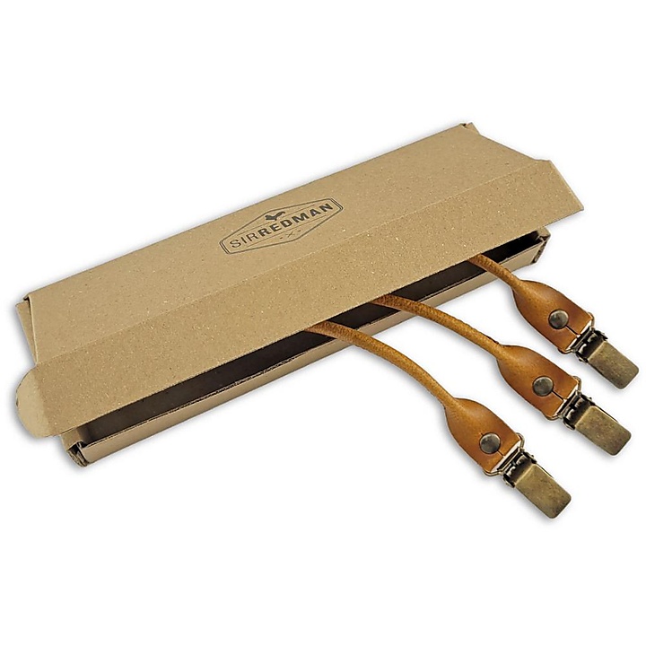 set of suspender loops - cognac leather - with antique brass clips