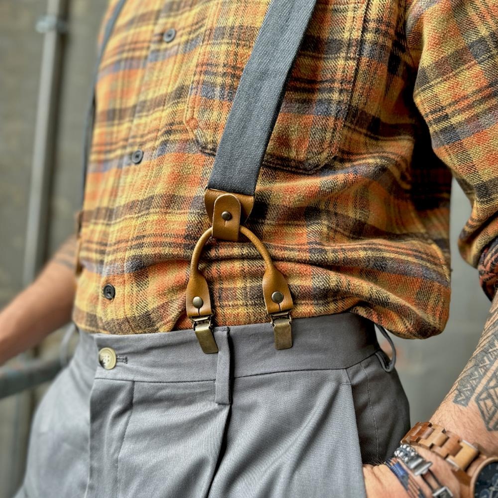 set of suspender loops - cognac leather - with antique brass clips - 3