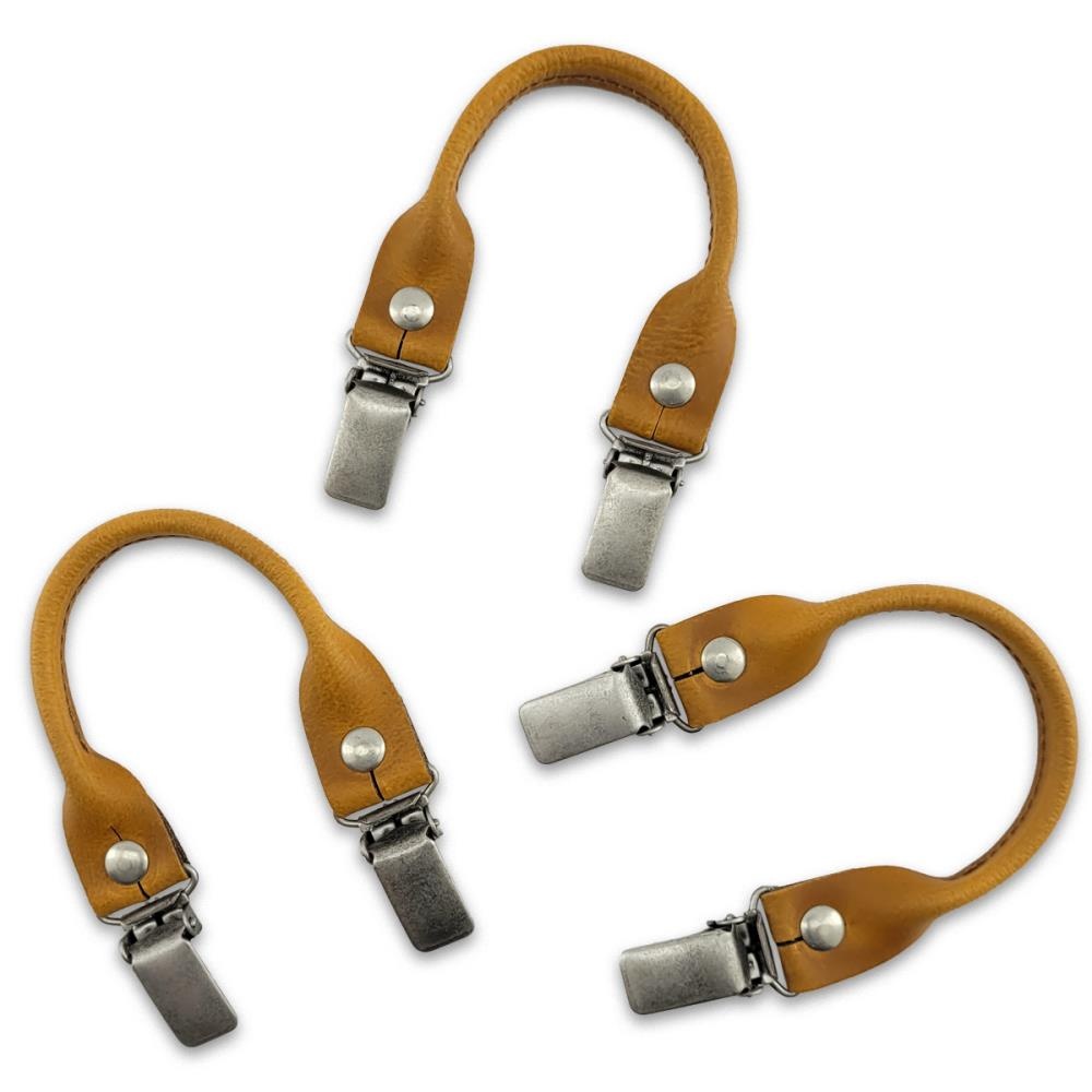 set of suspender loops - cognac leather - with antique silver clips - 1