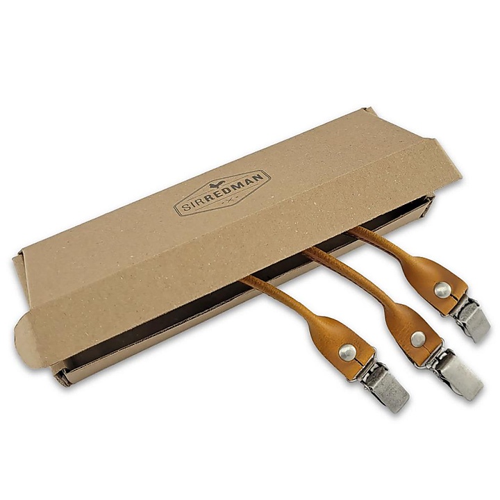 set of suspender loops - cognac leather - with antique silver clips