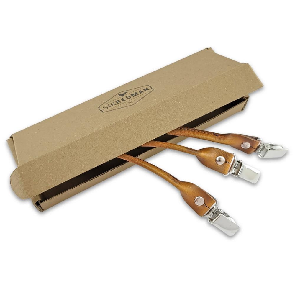 set of suspender loops - cognac leather - with silver clips - 2