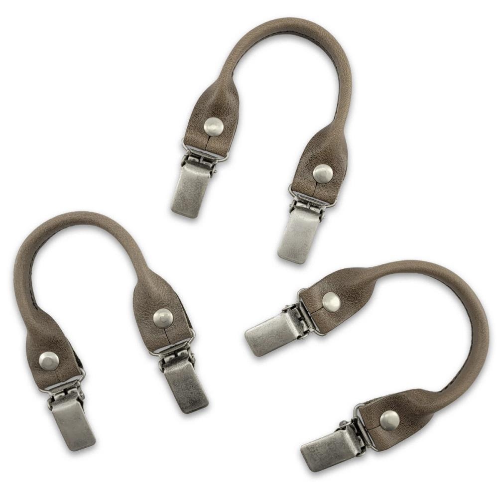 set of suspender loops - grey grain leather - with antique silver clips - 1