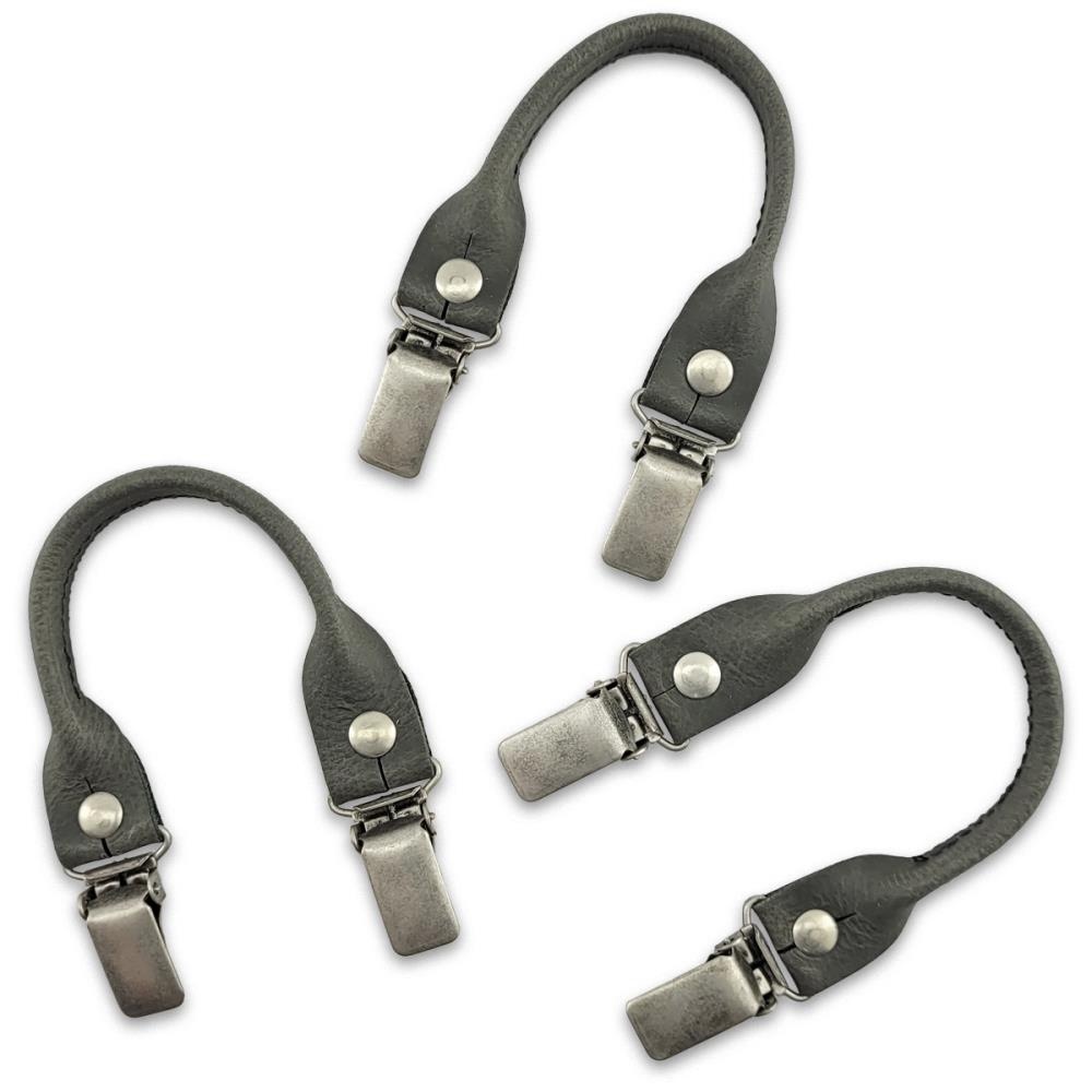 set of suspender loops - grey leather - with antique silver clips - 1