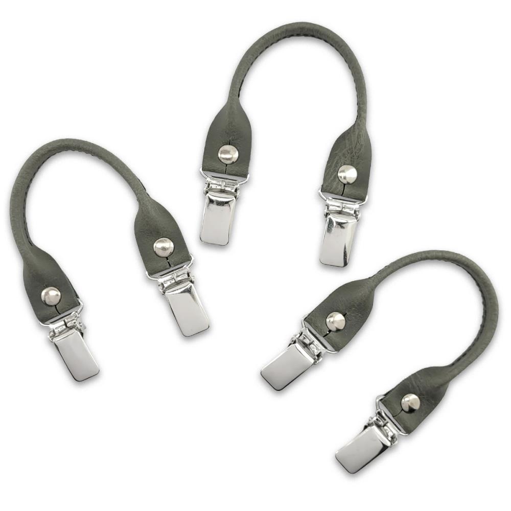 set of suspender loops - grey leather - with silver clips - 1