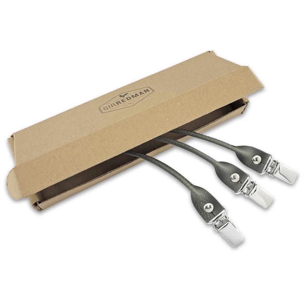 set of suspender loops - grey leather - with silver clips - 2