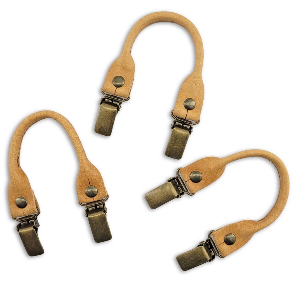 set of suspender loops - natural grain leather - with antique brass clips - 1