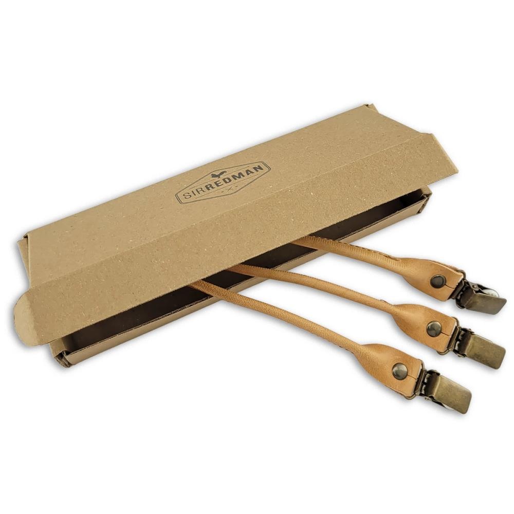 set of suspender loops - natural grain leather - with antique brass clips - 2