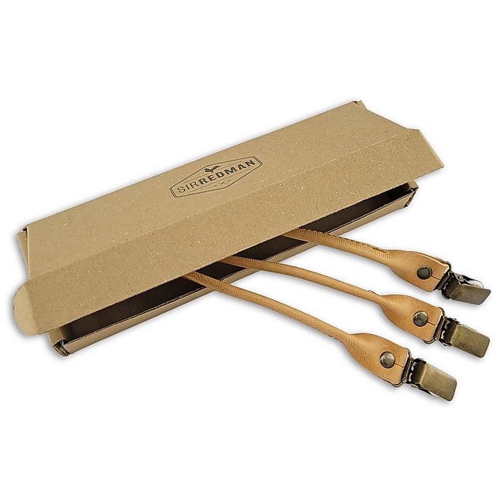 set of suspender loops - natural grain leather - with antique brass clips