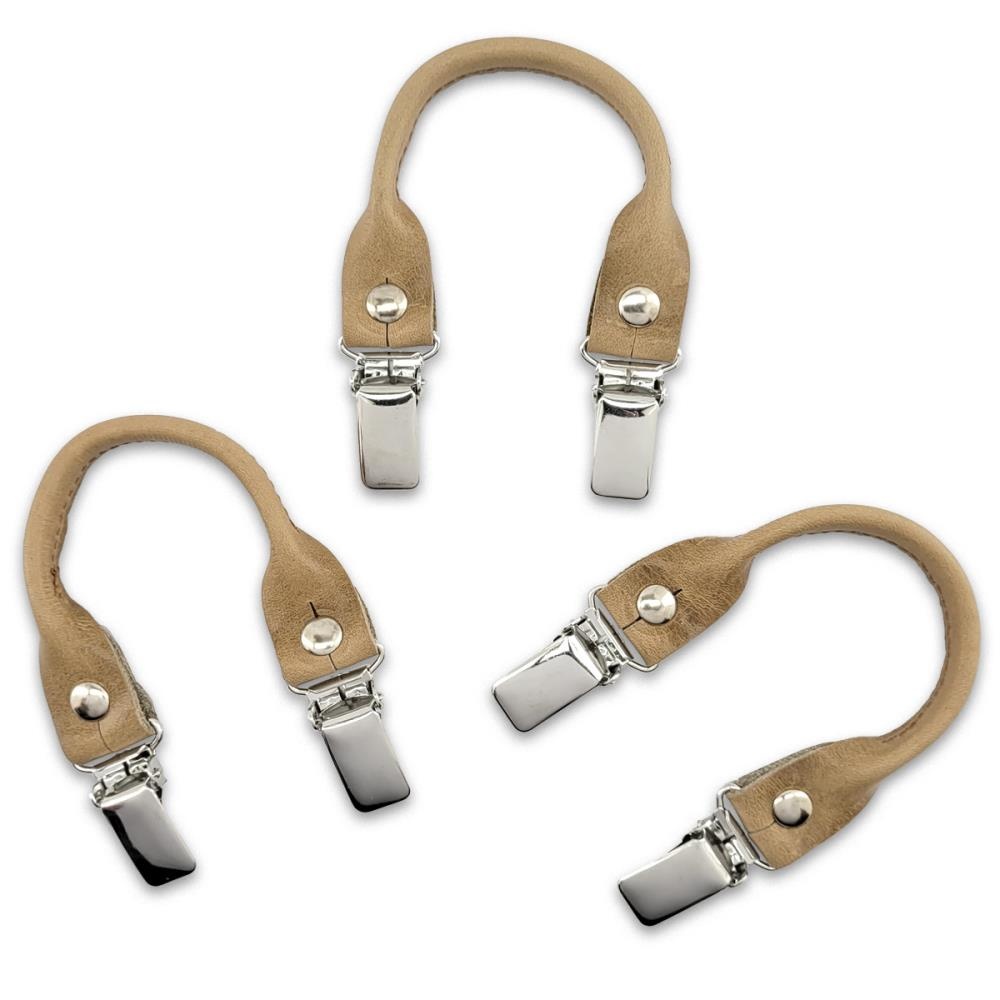 set of suspender loops - taupe grain leather - with silver clips - 1