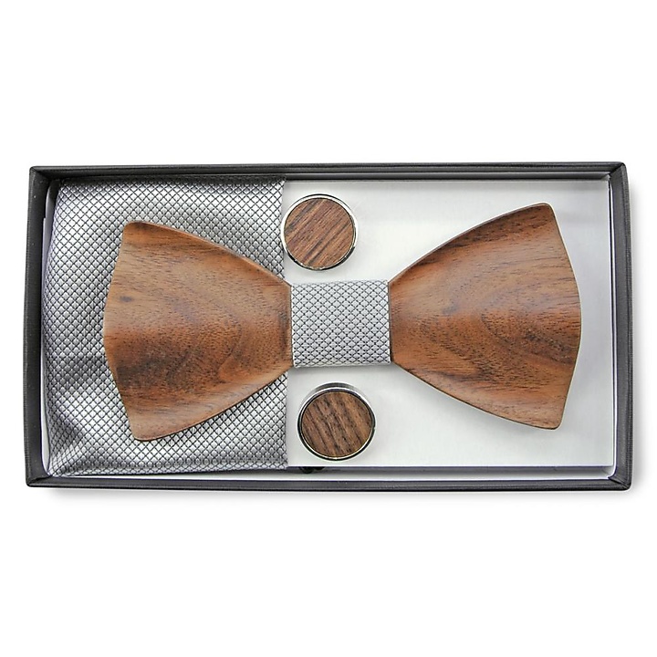 Wooden bow tie gift set Trendy silver grey